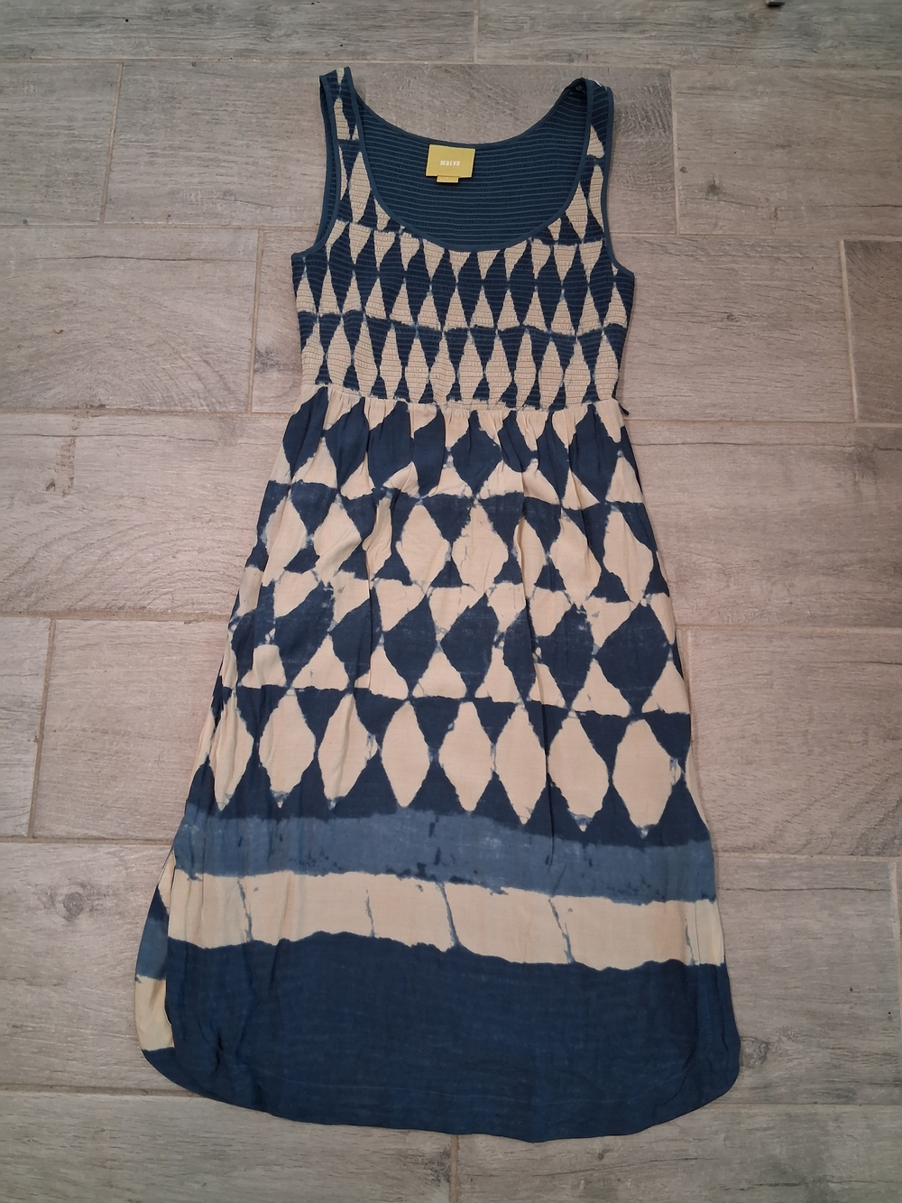 Maeve Navy and Tan Smocked Scoop Neck Women's Dress
